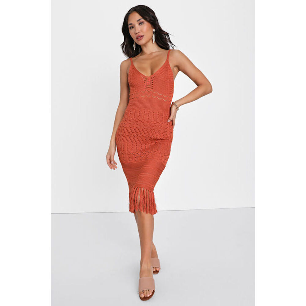 Lulus Boho Baddie Rust Orange Crochet Fringe Bodycon Midi Dress - Size L